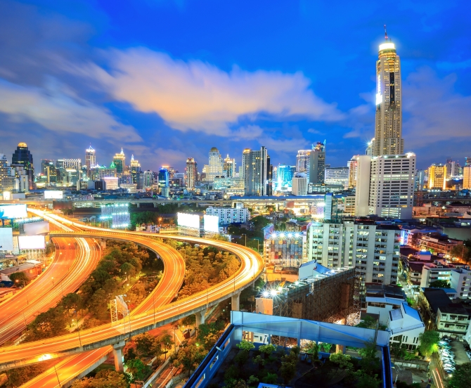 Bangkok Highway at Dusk with skyline in Thailand