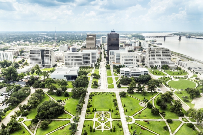 aerial of baton Rouge with Huey Long statue and famous skyline