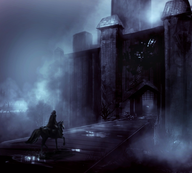 Foggy night castle with a horseman riding