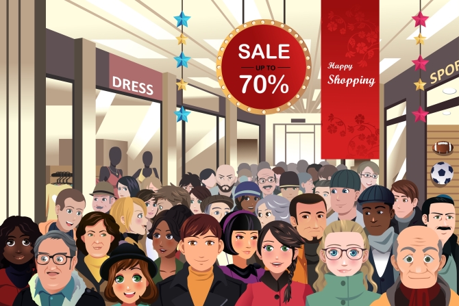A vector illustration of Holiday shopping sale scene
