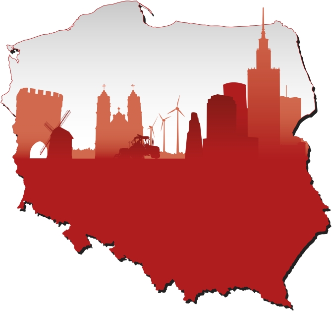 Poland map in flag colors and symbols of business and history of state