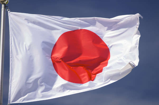 Closeup of a Japanese flag with blue sky