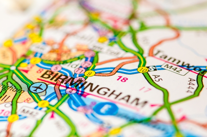 Close-up on Birmingham city on map travel destination concept
