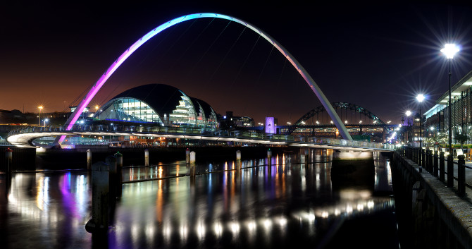Photograph of the Quayside at Newcastle/Gateshead taken at night time.