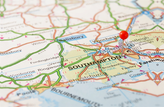 Southampton, United Kingdom, Europe. Push pin on an old map. Selective focus.