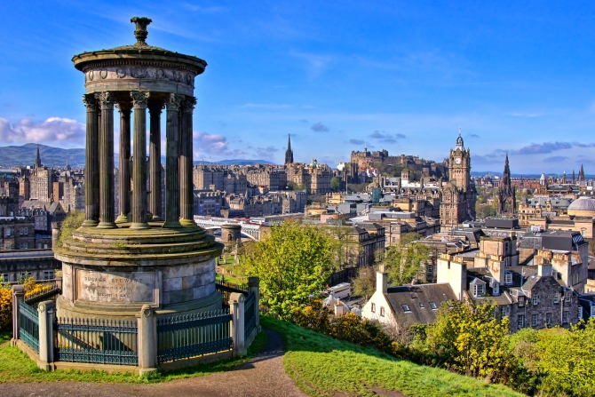 Aerial view over the historic center of Edinburgh Scotland from Calton Hill