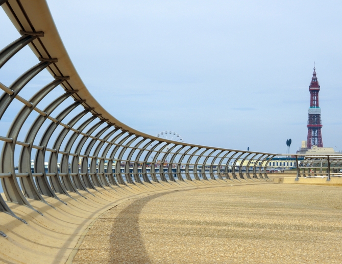 Blackpool tower and new promenade with railing