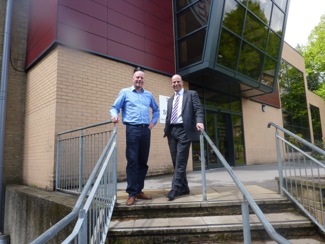 Richard Farrey (left), of Silverstone Building Consultancy, with Paul Hackett of North East Derbyshire District Council outside Dronfield Leisure Centre.