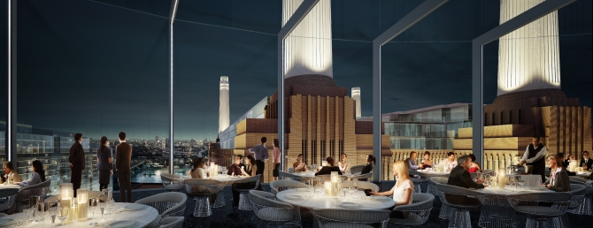 View from double height bar and restaurant across the London skyline and Battersea Power Station