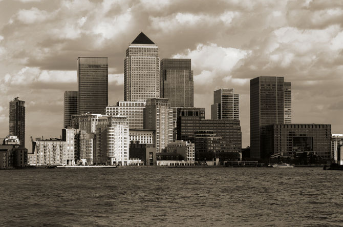 view of canary wharf london uk from across the river thames
