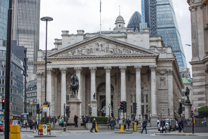 Royal exchange building. Bank of England square - Grade I Listed Building